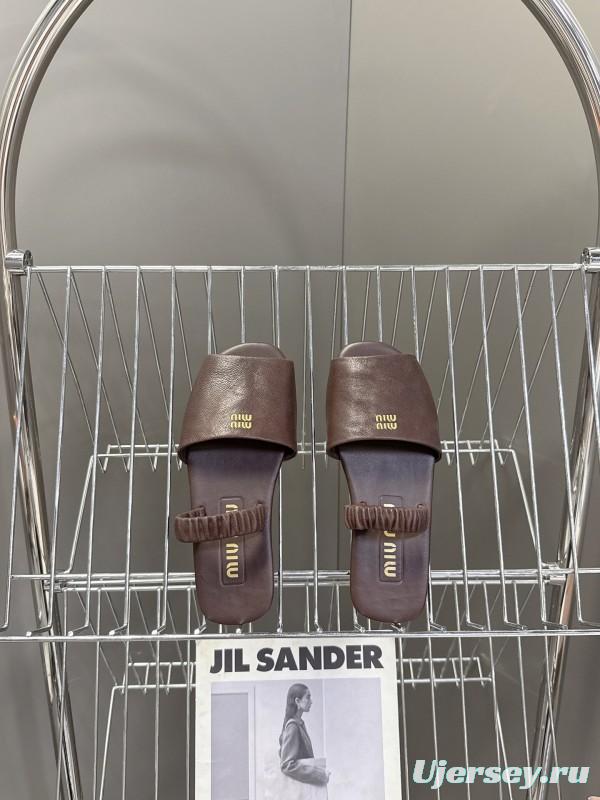 2025 Slippers Miu Miu Brown Leather Slippers LY00