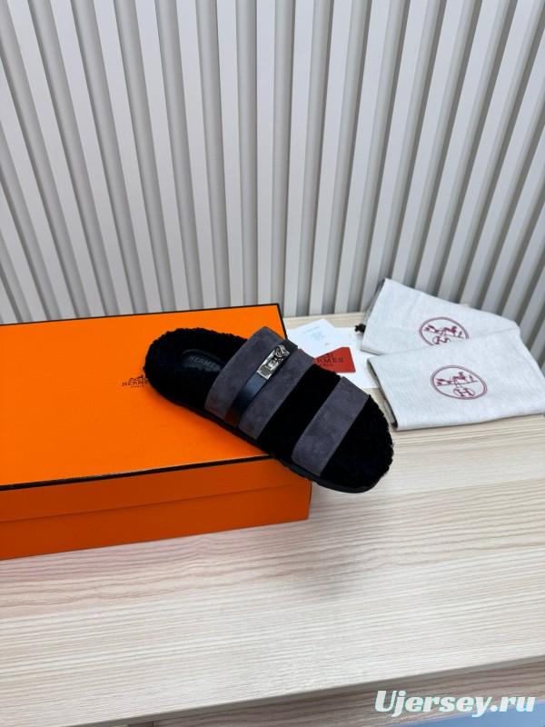 2024 Slippers Hermès Black Grey Shearling Slippers MJ00300