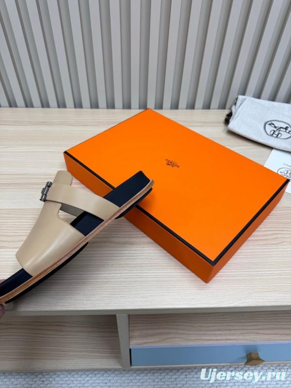 2025 Slippers Hermès Beige Black Leather Slippers