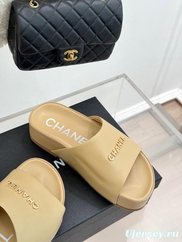 2025 Women Chanel Beige Leather Slippers
