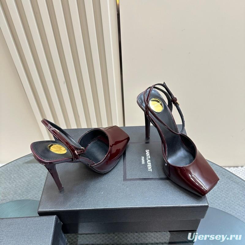 2025 Women Yves Saint Laurent Burgundy Patent Leather Slingback Heels