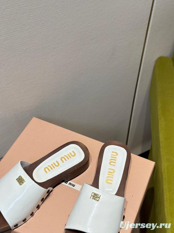 2025 Women Miumiu White Leather Slippers
