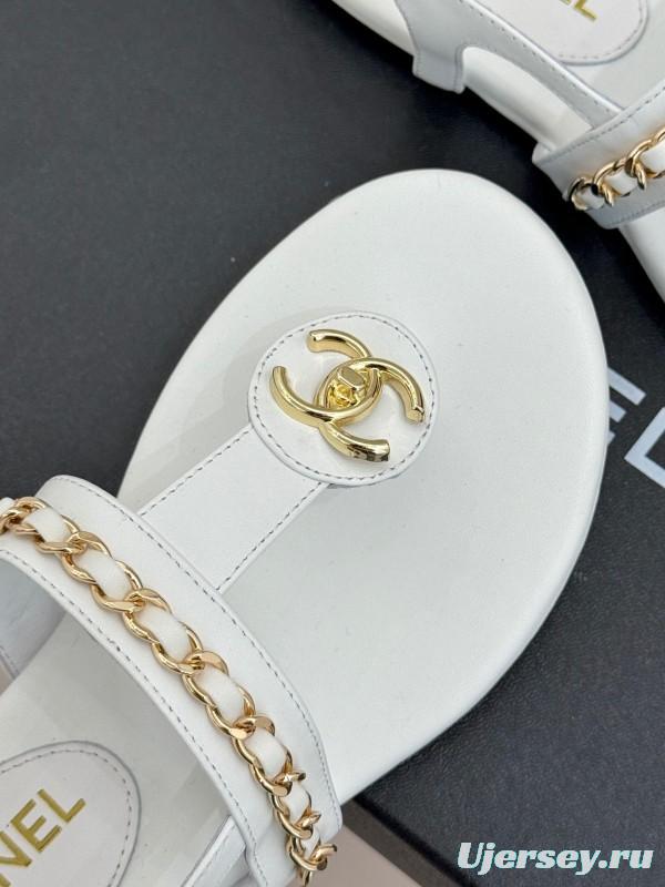 2025 Slippers Chanel White Leather Chain Strap CC Logo
