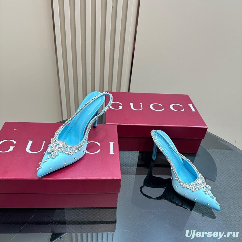 2025 Women Gucci Blue Silk Crystal Embellished Slingback High Heel KFY00340