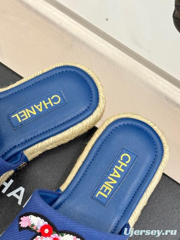2025 CHANEL Blue Canvas Slippers Embroidered KFY00230