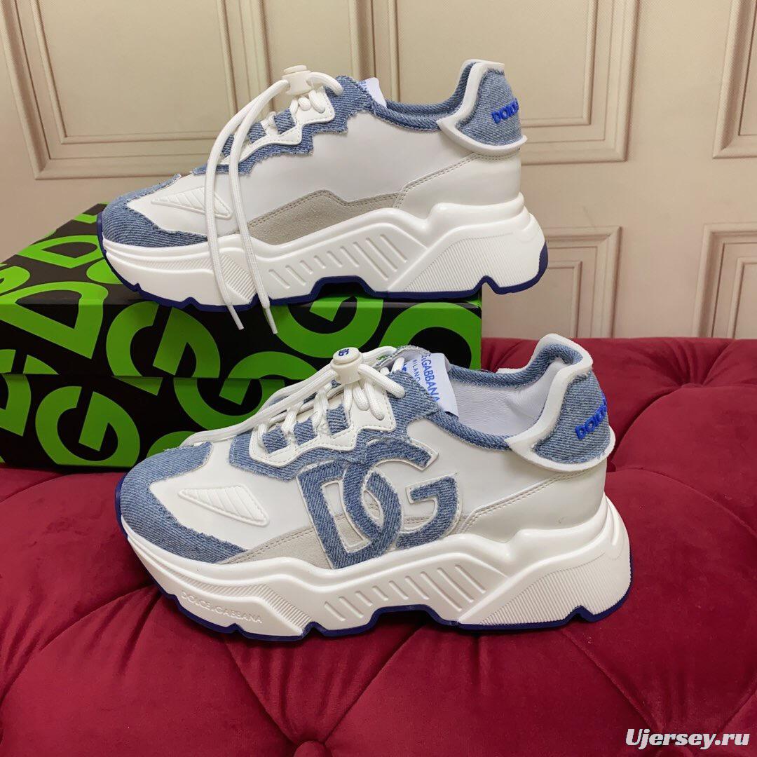 2025 Unisex Dolce & Gabbana White Blue Silk Leather Sneakers Exclusive Craft LY00330(F)/LY00340(M)