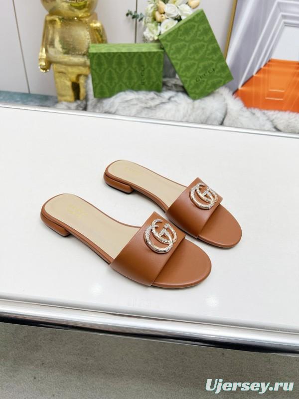 2025 Gucci Camel Leather Slippers GG Buckle MJ00190/225
