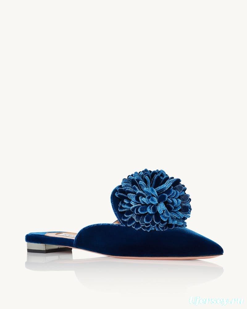 2025 Women Aquazzura Blue Velvet Slippers