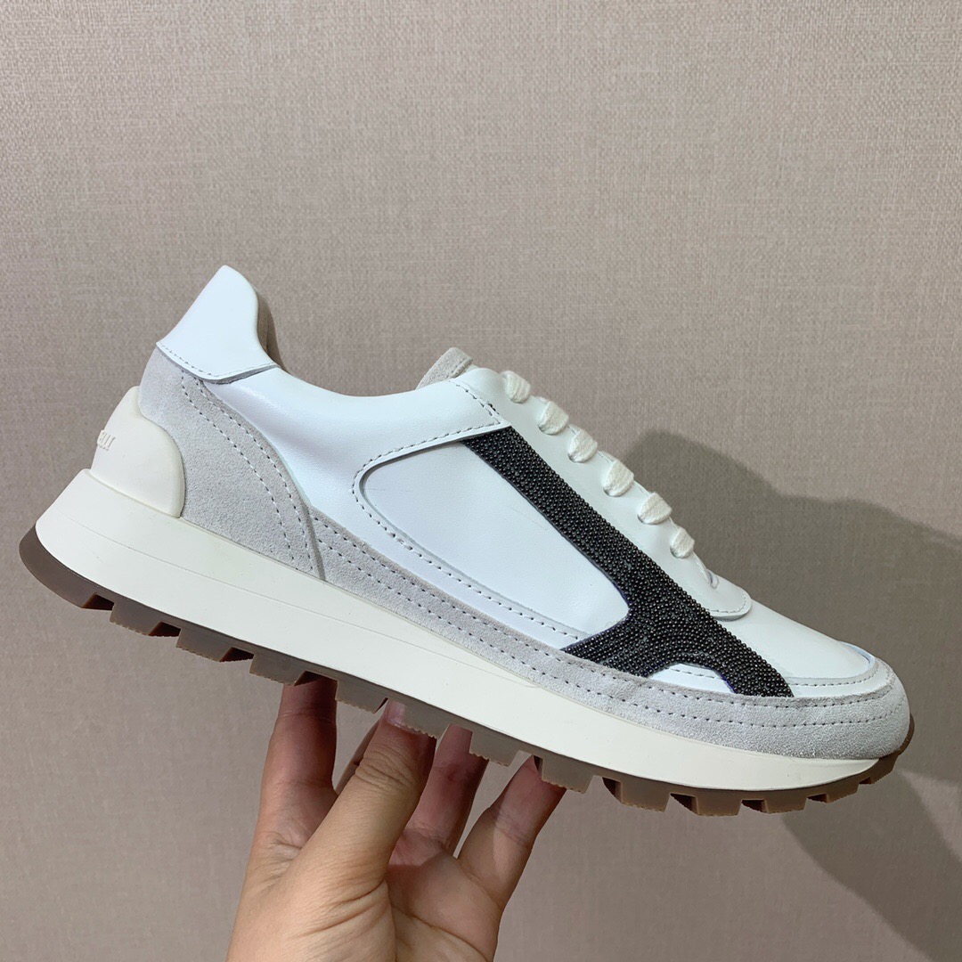 2025 Unisex Brunello Cucinelli White Grey Leather Suede Sneakers LY