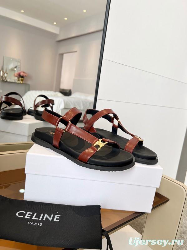 2025 Women Celine Brown Leather Flat Rome Sandals LY00220