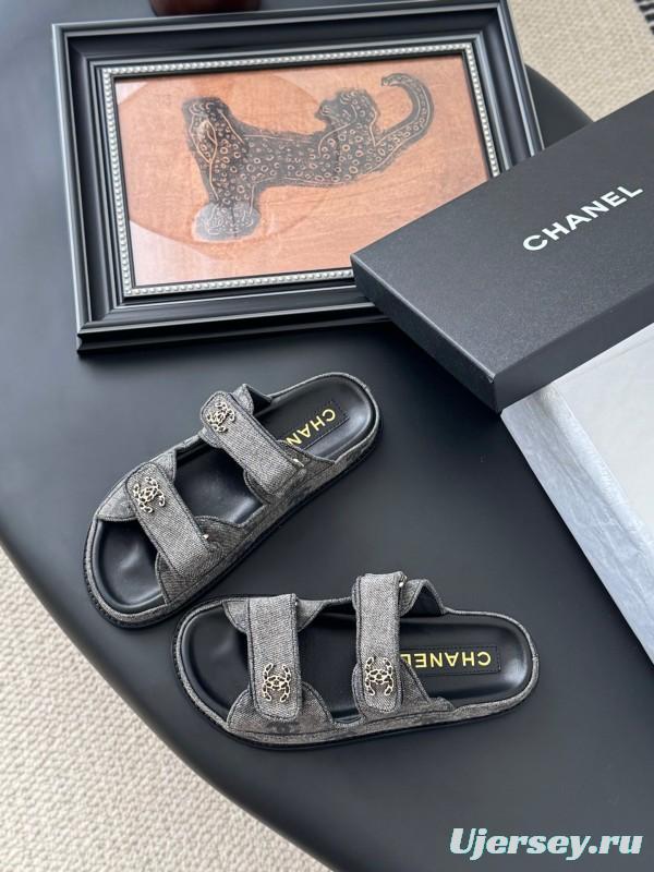 2025 Women Chanel Grey Fabric Leather Sandals Magic Tape LY00310