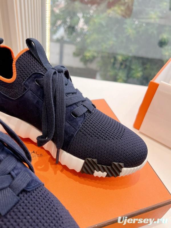 2024 Unisex Hermès爱马仕 Navy Orange White Knit Leather Sneakers MJ00290