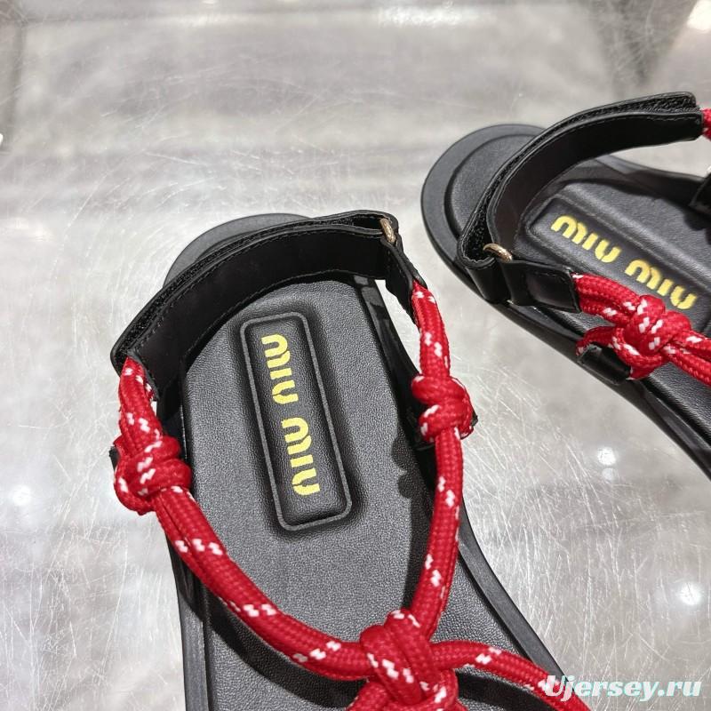 2025 Women Miu Miu Red Black Leather Rope Sandals KFY00200
