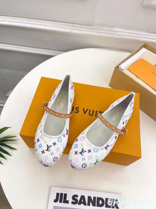 2025 Women Louis Vuitton White Multicolor Leather Ballet Flats KFY00300