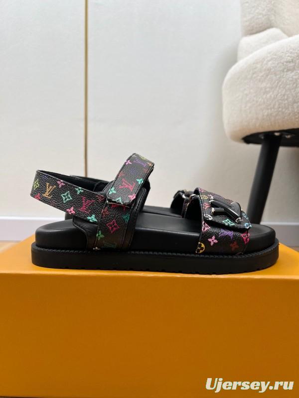 2025 Women Louis Vuitton Black Multicolor Canvas Sandals