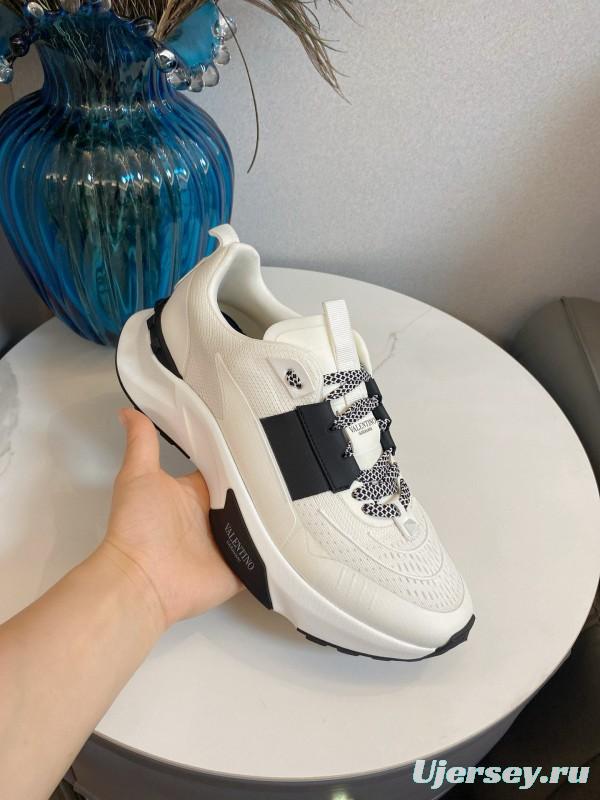 2024 Unisex Valentino White Black Leather Mesh Sneakers 