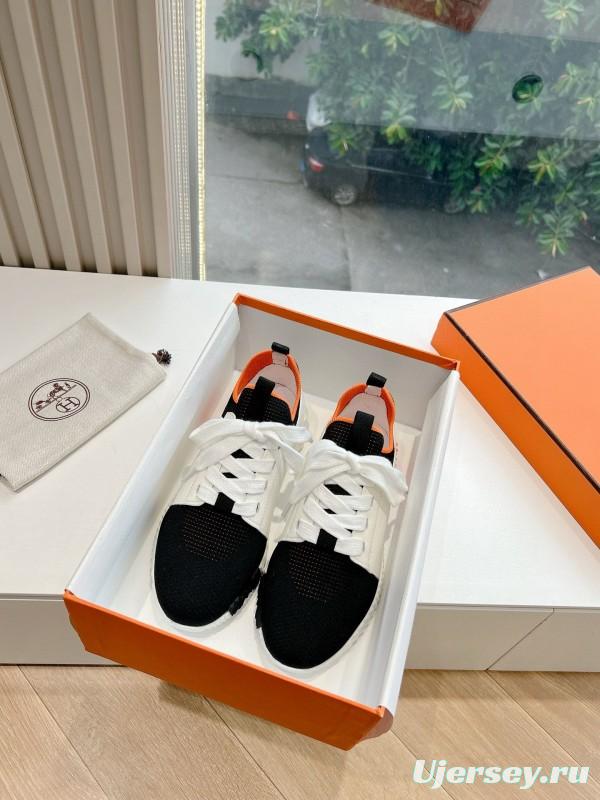 2024 Unisex Hermès Black White Orange Calfskin Suede Knitted Sneakers MJ00290