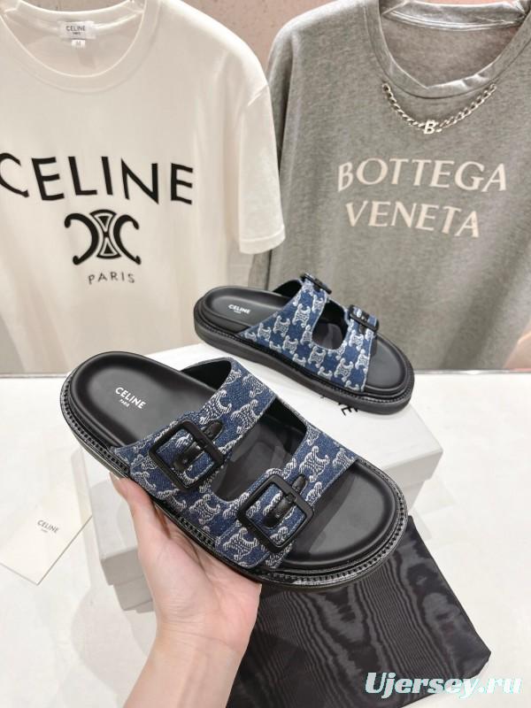 2025/Unisex CELINE Blue Denim Buckled Slide Sandals Stylish Comfort KFY00280