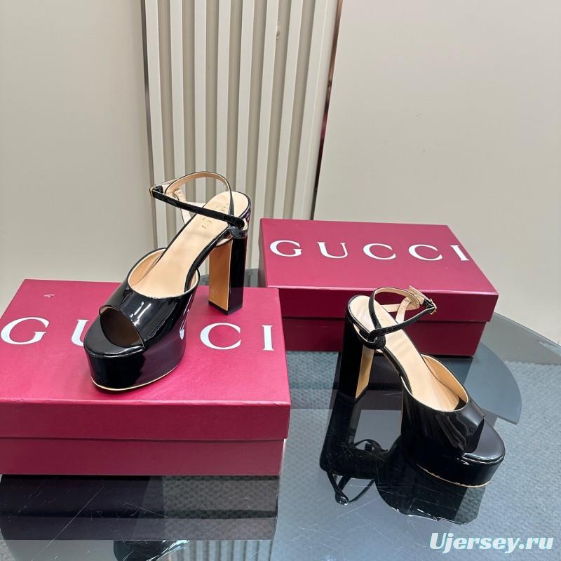 2025 Women Gucci Black Patent Leather Platform Sandals