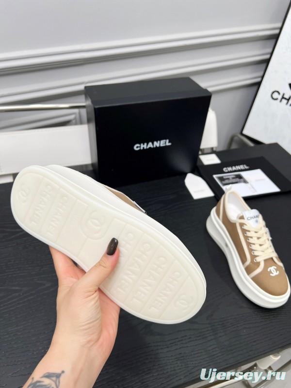 2025 Women Chanel Beige Canvas Leather Sneakers Collaboration LY00250