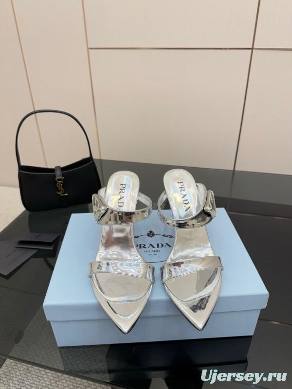 2025 Women Prada Silver Leather Pointed Toe Sandals