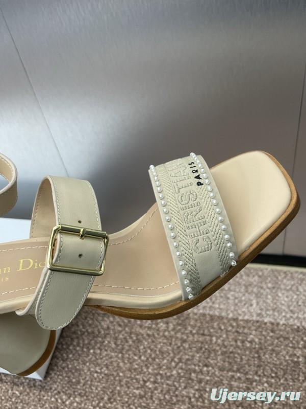 2025 Women Dior Beige Leather Embroidered Sandals