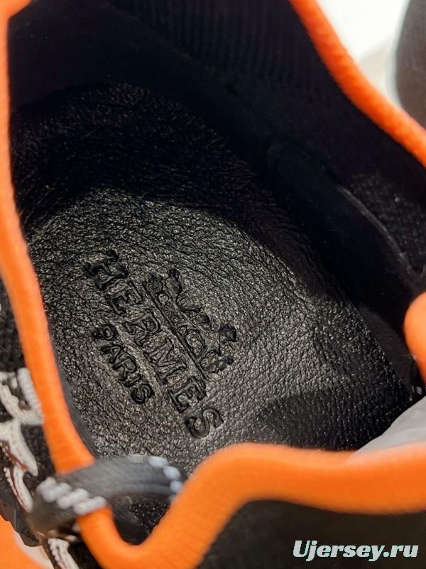 2024 Unisex Hermès Black White Orange Calfskin Suede Sneakers MJ00290