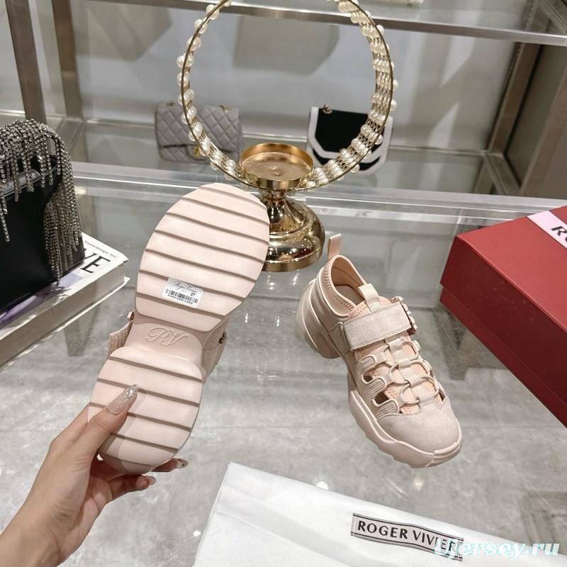 2025 Women Roger Vivier Pink Knit Suede Sneakers Crystal Buckle LY00300