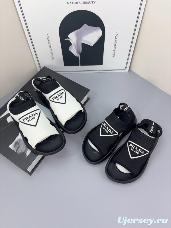 2025 Kids PRADA Black White Fabric Sandals