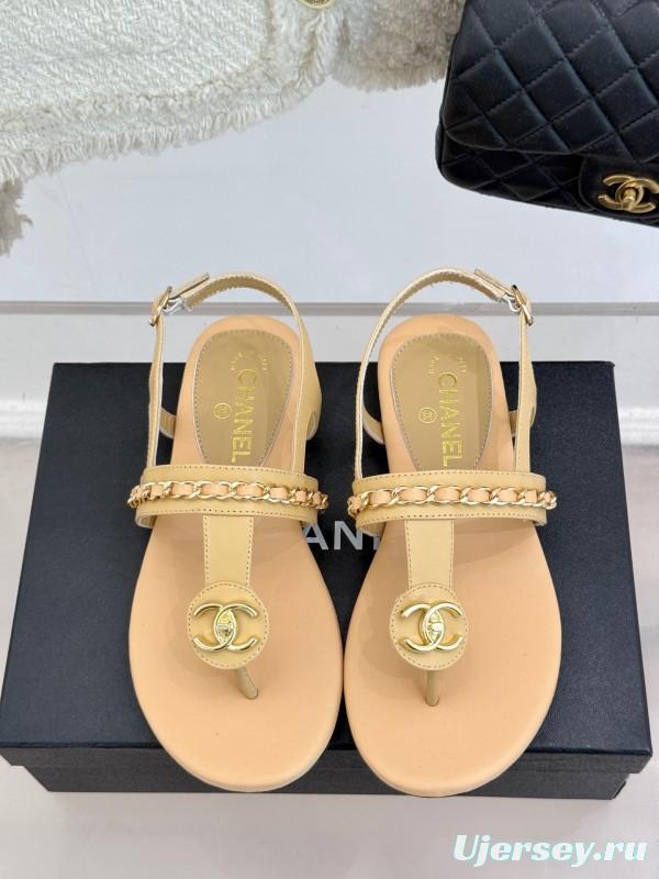 2025 Women Chanel Apricot Leather Sandals KFY00250