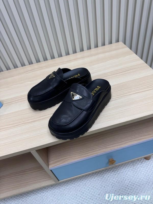 2025 Women Prada Black Leather Platform Loafers