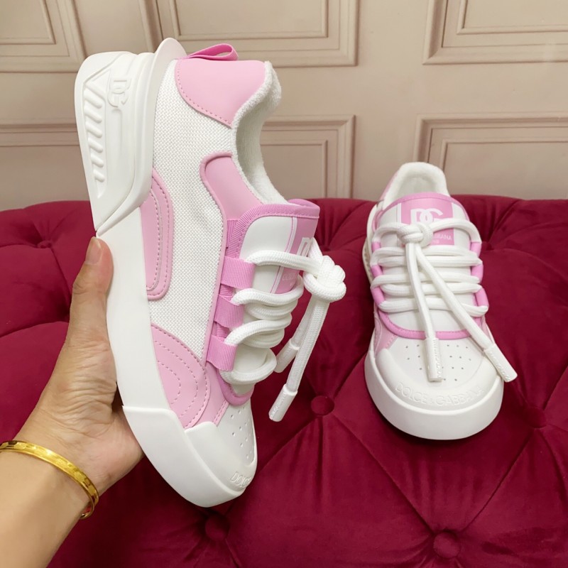 2025 Women Dolce & Gabbana White Pink Leather Mesh Sneakers