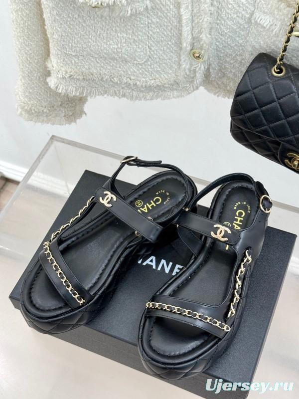 2025 Women Chanel Black Lambskin Platform Sandals Chain KFY00270