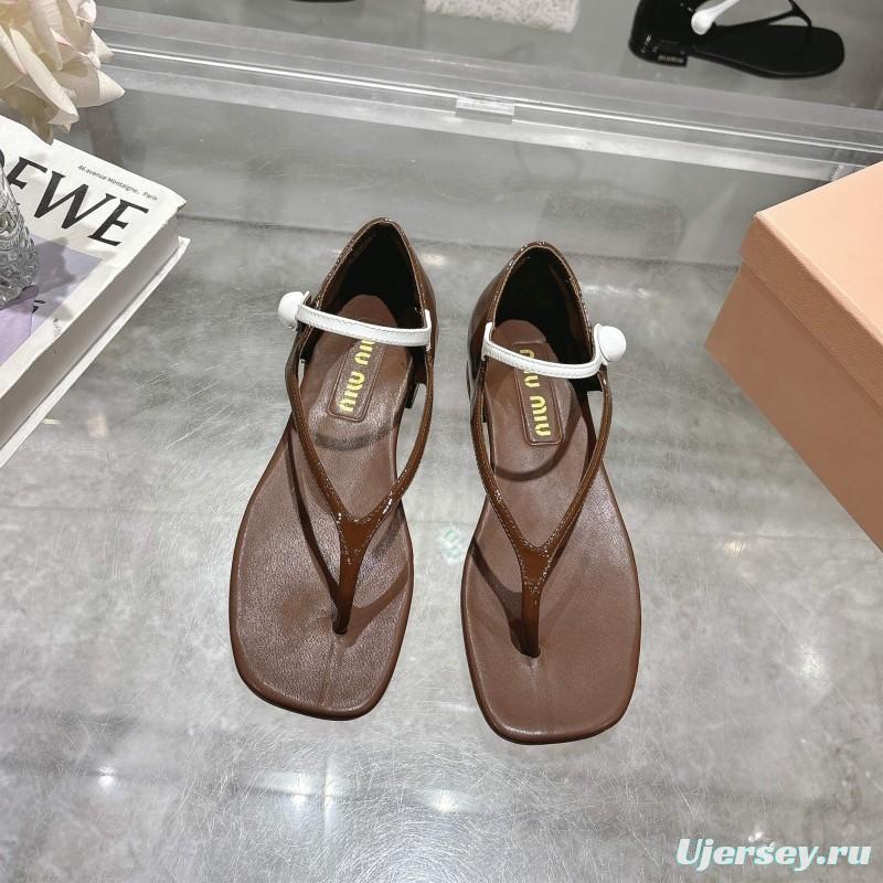 2025 Women Miu Miu Brown Leather T-Strap Flat Sandals KFY00289(F)