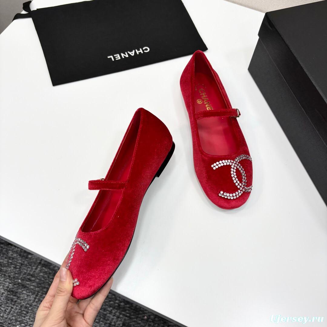 2025 Women Chanel Red Velvet Ballet Flats KFY00280