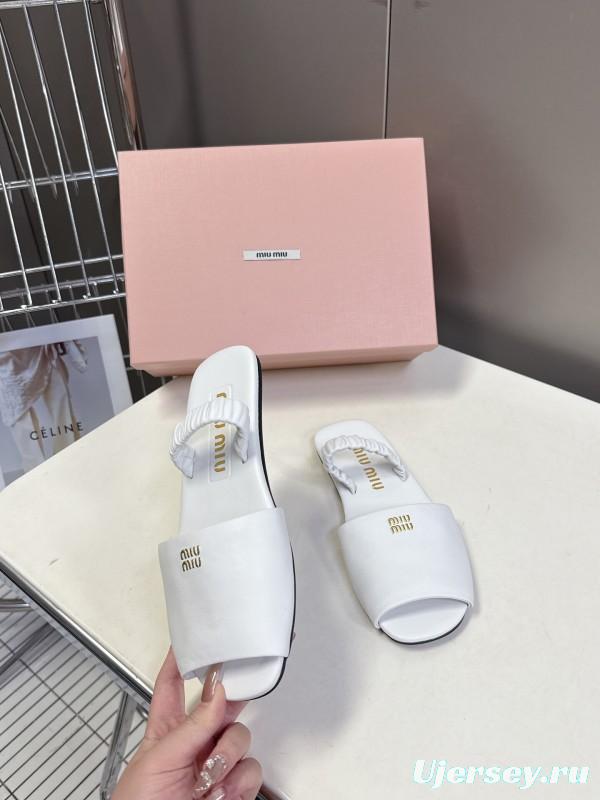2025 Women Miu Miu White Leather Slippers LY00