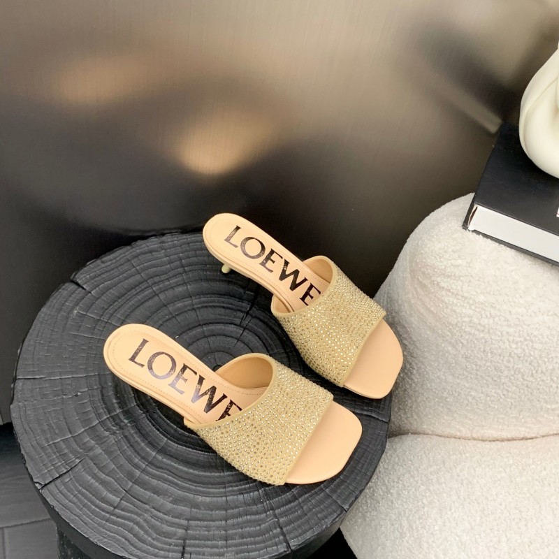 2025 Women Loewe Beige Rhinestone Leather Slippers LY00240