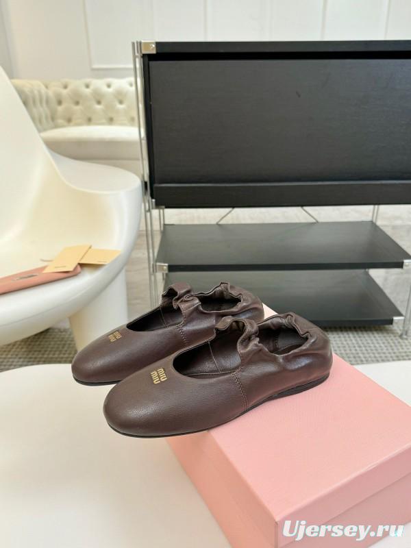 2025 Women Miu Miu Brown Leather Ballet Flats
