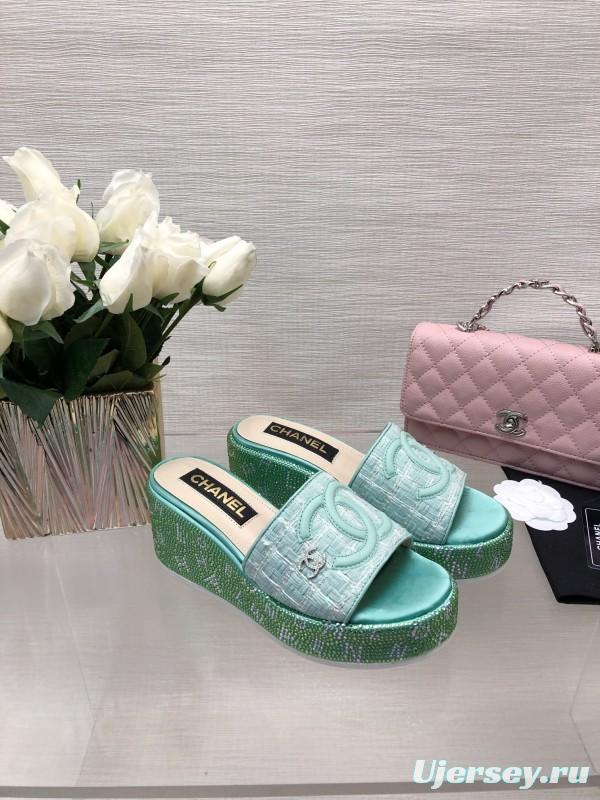 2025 Women Chanel Green Turquoise Tweed Platform Slippers LY00320