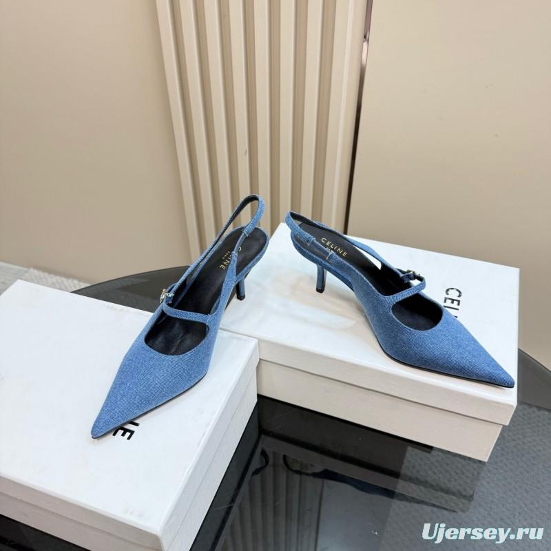 2025 Women CELINE Blue Denim Suede Slingback Pumps KFY00290