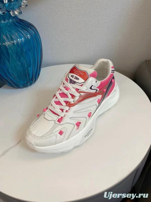 2024 Unisex Valentino White Pink Mesh Leather Sneakers MJ00410