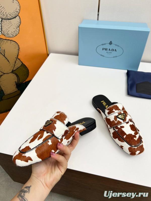 2025 Women Prada Brown White Calf Hair Leather Slippers LY00260