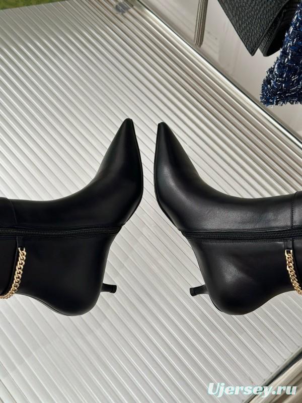 2024 Women YSL Black Leather Boots Chain Detail