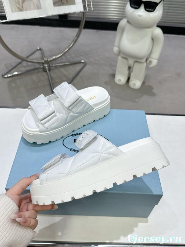 2025 Women Prada White Leather Sandals