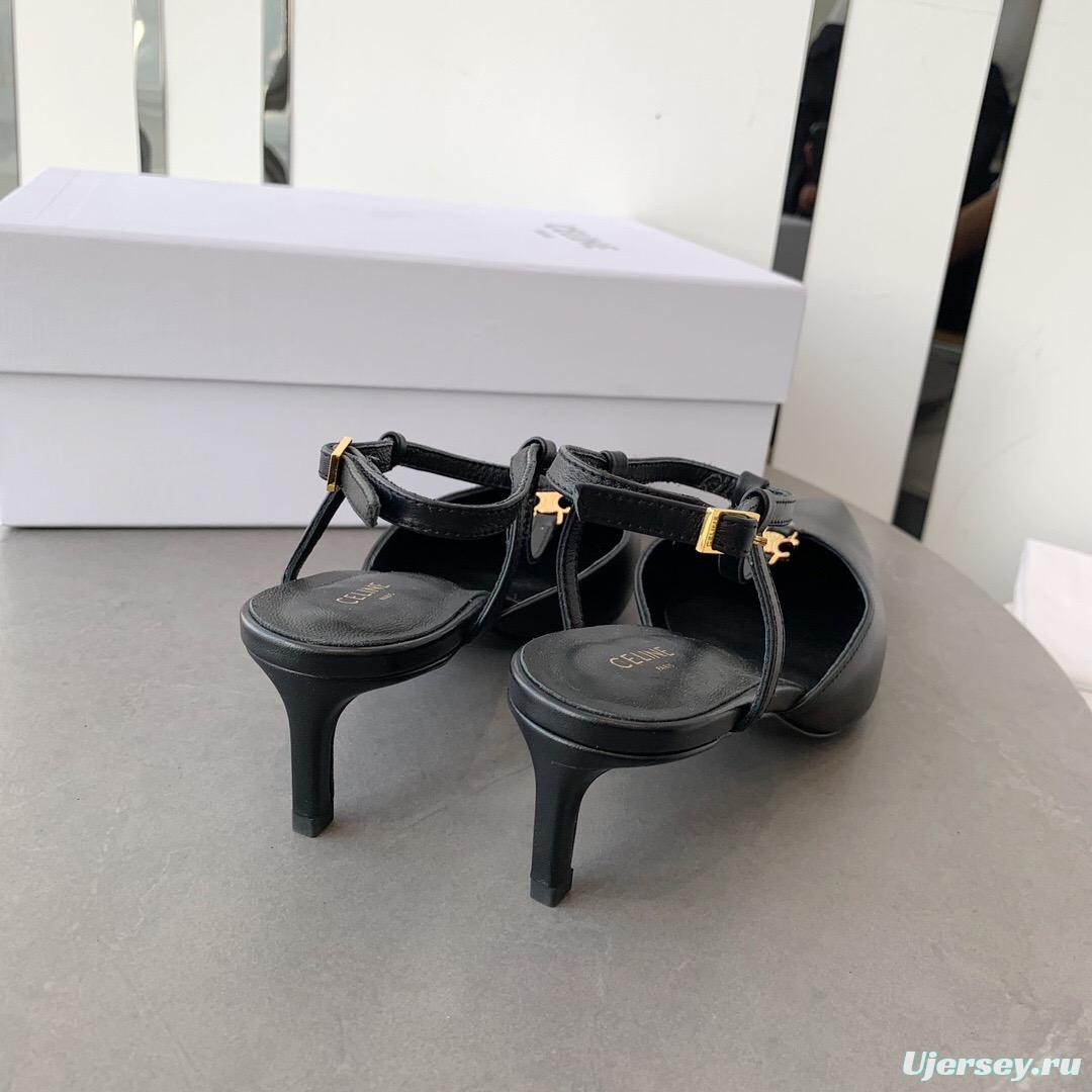 2025 Women Celine Black Calfskin Leather T-Strap TRIOMPHE Pumps