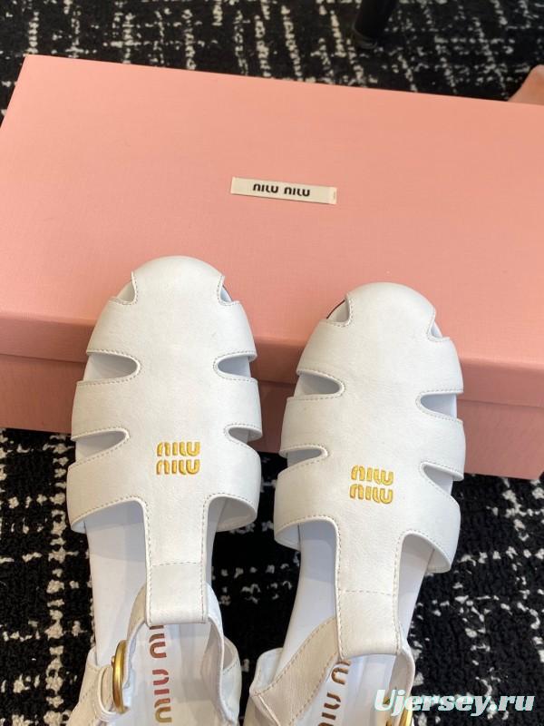 2025 Women Miu Miu White Calf Leather Flat Sandals
