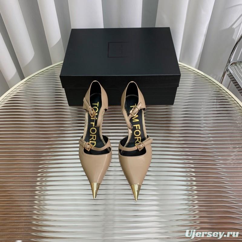 2025 Women TOM FORD Beige Leather Pointed Toe Metal Tip Pumps KFY00320