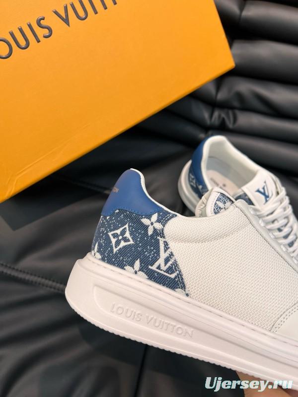 2024 Men Louis Vuitton White Blue Mesh Leather Sneakers MJ00400