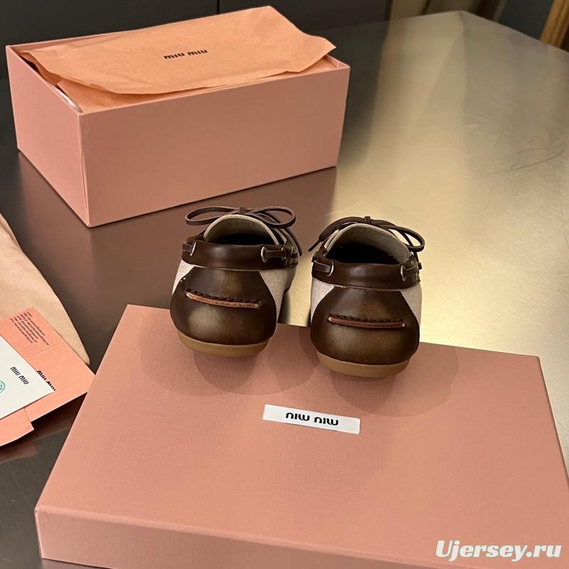 2025 Women Miu Miu Brown Beige Leather Canvas Loafers LY00230