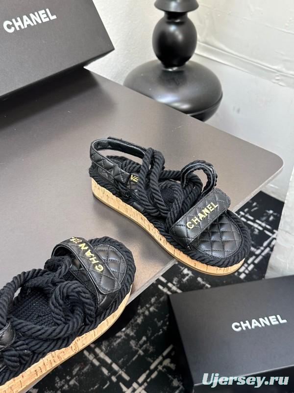 2025 Slippers Chanel Black Rope Leather Sandal LY00260